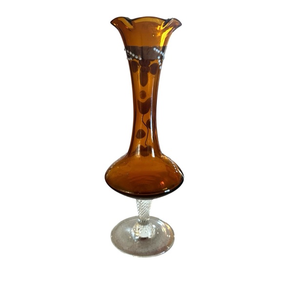 Bohemian Amber Czech Glass Bud Vase 8" Enamel Floral Decoration Hand Painted - Picture 4 of 7